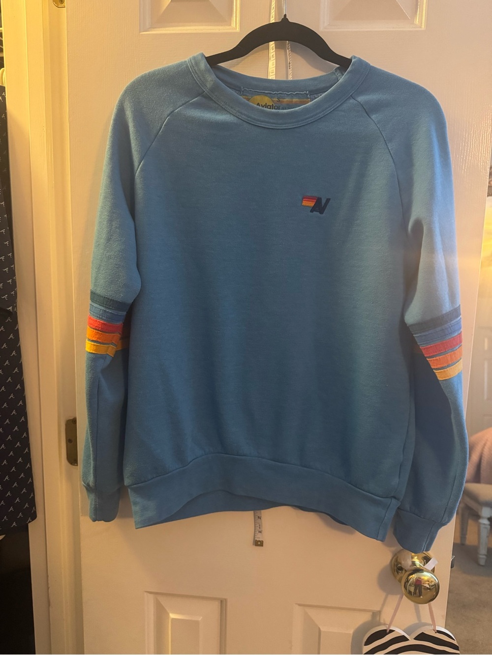 Aviator Nation 5 Stripe Rainbow Crew Embroidered AV Logo Made USA Sky Small